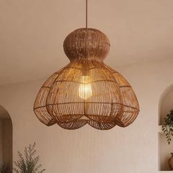 18.9" Rattan Chandelier Light Fixture, Boho Hand Woven Wicker Flower Bud Shaped