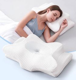Orthopedic Cervical Neck Pillow for Sleeping, Contour Memory Foam Pillow with Cooling Cover for Side Sleepers, Ergonomic Neck Support for Back and Sto