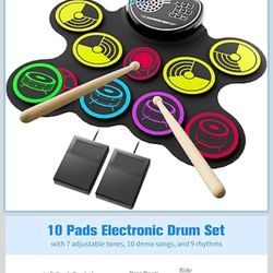 Brand New Electronic Drum Set Practice Pad, Pedals & Sticks; Built In Speaker, Recording, Multi Device Compatible