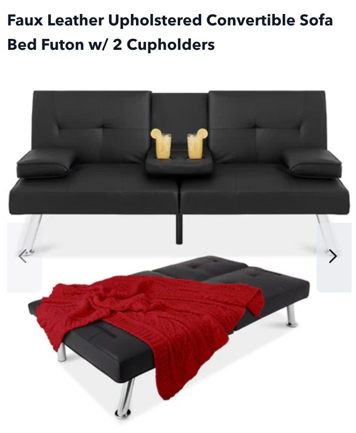 Best Choice Products Modern Faux Leather Convertible Futon Sofa w/ Removable Armrests, 2 Cupholders