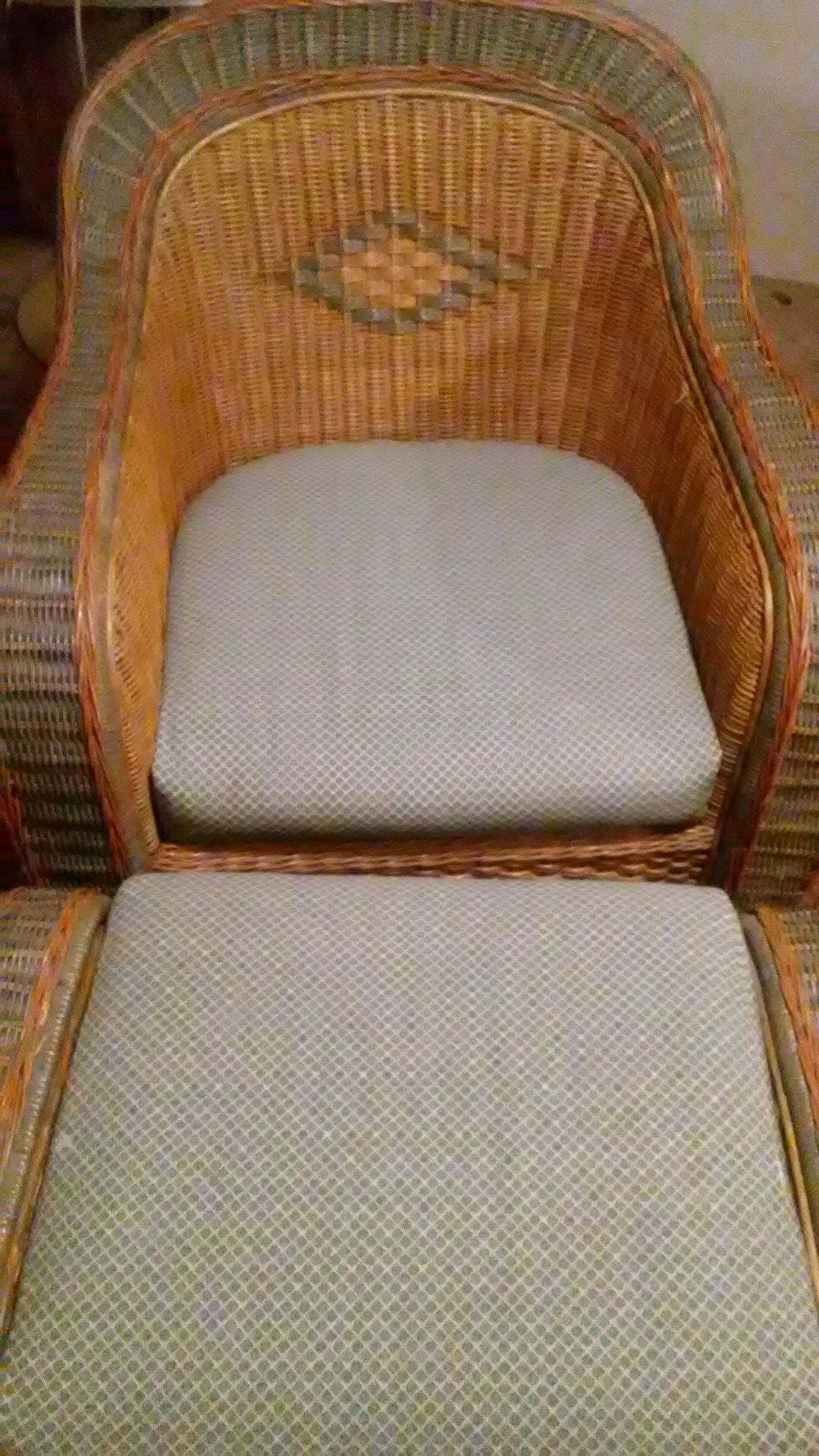 Vintage rattan chair and ottoman with cushions