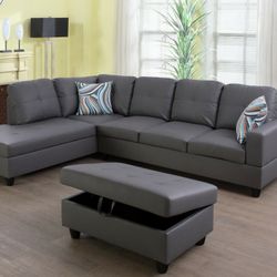 Brand New Grey Leather Sectional With Storage Ottoman