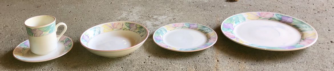 Dinnerware Set China Pearl Stoneware (8 Piece Set) Coffee Cups & Saucers, Bowls 7.5”, Salad Plates 7.5”, & Dinner Plates 10.5”