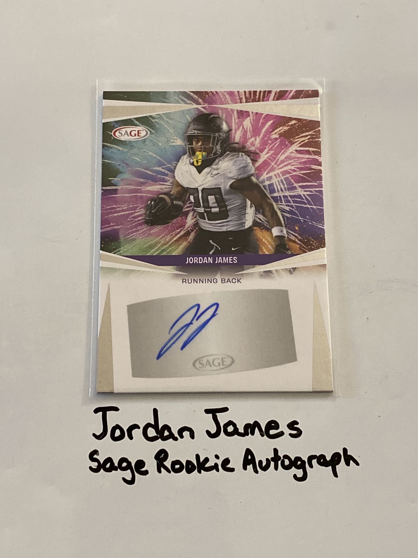 Jordan James San Francisco 49ers RB Sage Short Print Insert Rookie Autograph Card.
