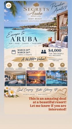 Secrets Baby Beach Aruba vacation 6 night hotel reservation transfer