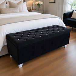 Black Velvet Tufted Storage Bench with Crystal Buttons