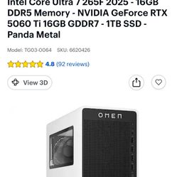  HP OMEN - 16L Gaming Desktop - Intel Core Ultra 7 265F 2025 - 16GB DDR5 Memory - NVIDIA GeForce RTX 5060 Ti 16GB GDDR7 - 1TB SSD - Pa