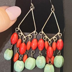 Turquoise And Coral Silver Earrings 