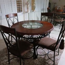 Beautiful Dining Room Table Round Cherry Wood With Glass And Center And Four Beautiful Chairs