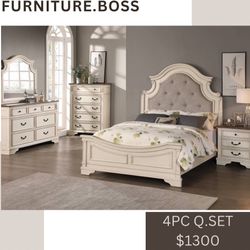 Farmhouse Style Bedroom - Queen Bed, Dresser, Mirror, Nightstand 1300.  ((Mattress Sold Separately))