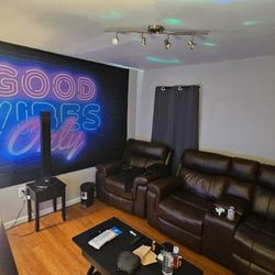 Sofa Set, TV, Sound Bar, End Tables, Lamps, Coffee Table.
