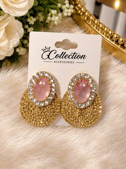 Gold Statement Earrings with Pink Stone