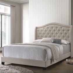 Queen Upholstered Wingback Bed Frame Available In Grey & Beige 