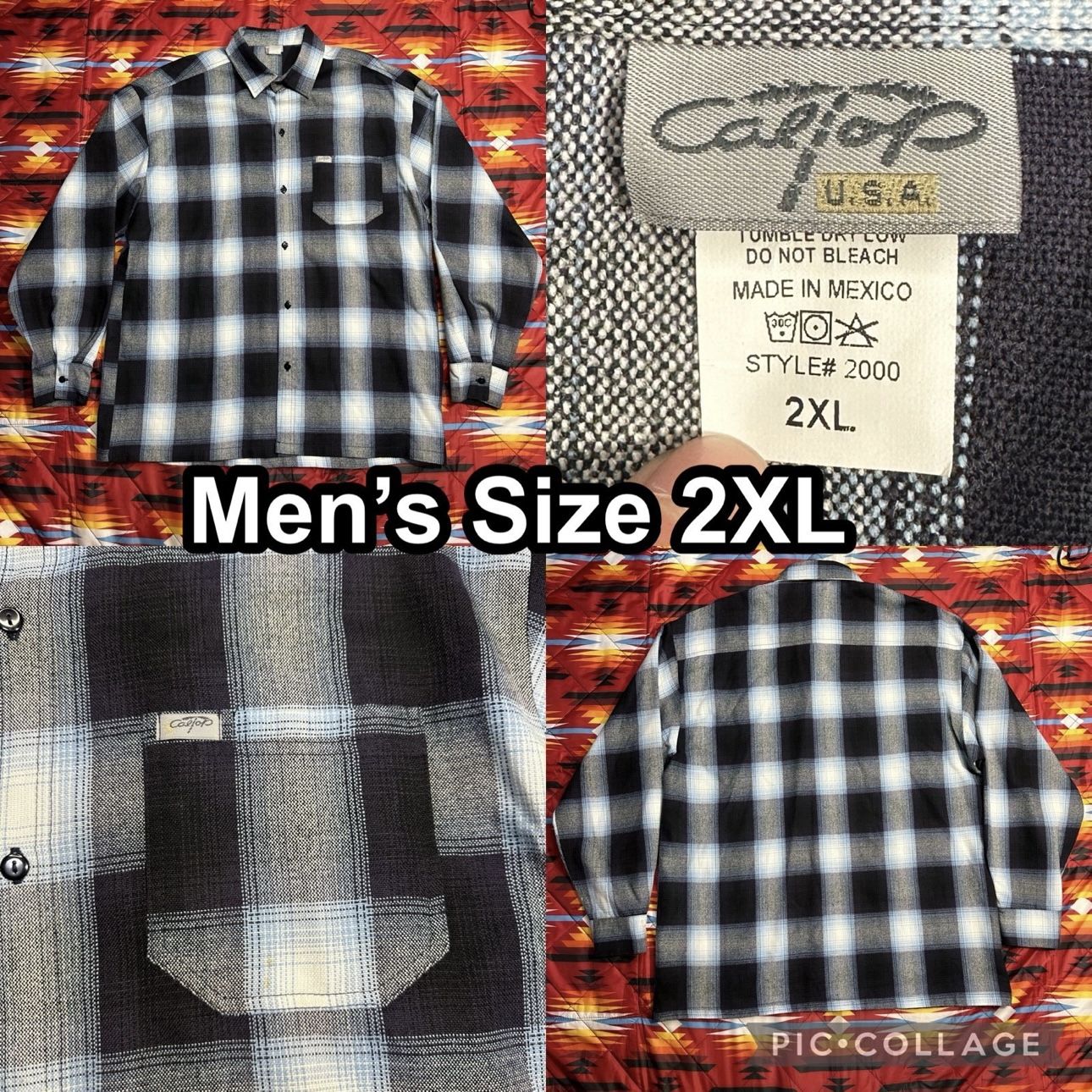 Caltop Flannel Shirt Men’s Size 2XL Black Blue Button Up Pocket Acrylic Plaid