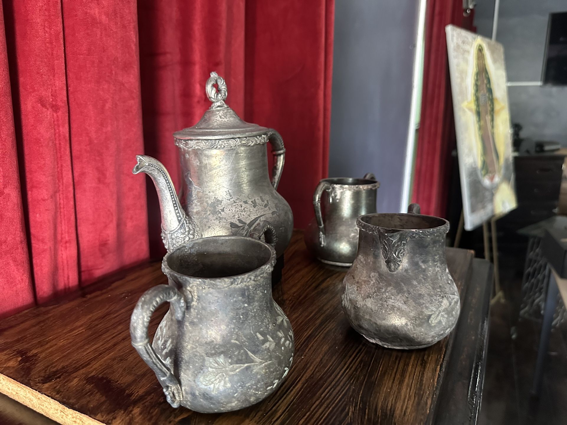 Antique Victor Silver Co. Quadruple Plate Tea Set – 4-Piece Victorian Floral Engraved