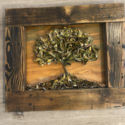 handcrafted tree wall sculpture featuring a 3D papier  machet framed in rustic wood