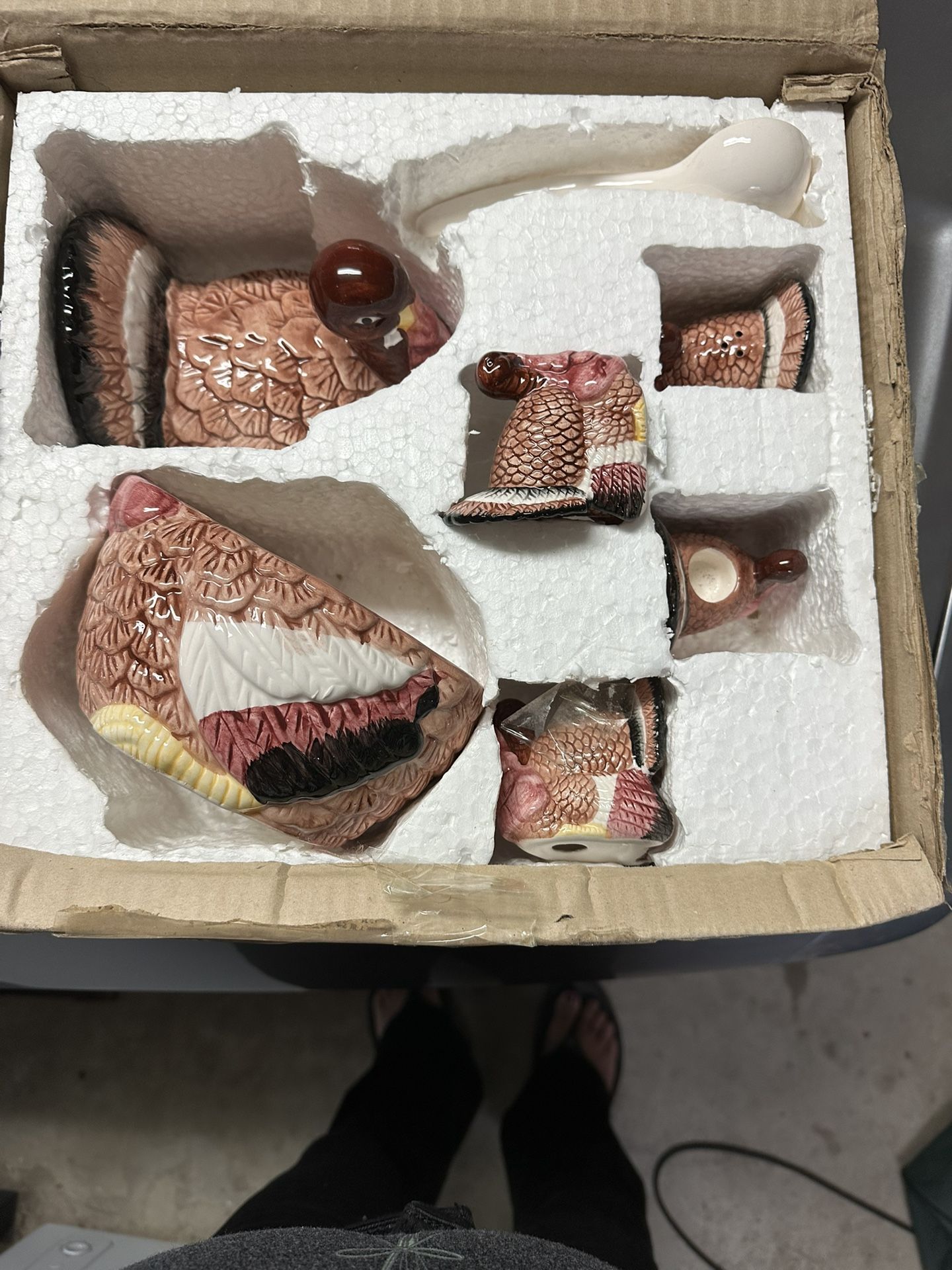 Turkey soup or gravy Tureen. It Comes With The Spoon And A Matching Set Of Salt And Pepper Shakers. 