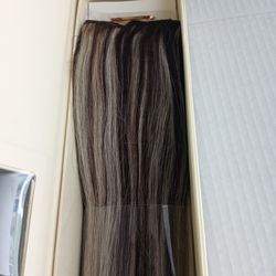 20" New Clip On Human Hair Extensions Full -#4/613 Chocolate Brown With Blonde Highlights -get length and fullness Easy to Use