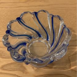 Small Thick Art Glass Trinket/Candy Dish w/ColbaltBlue Swirls N Scalloped Edge 4” x 2 1/2”  A5