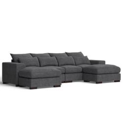 Dark Gray linen Blend Sectional With 2 Ottomans 