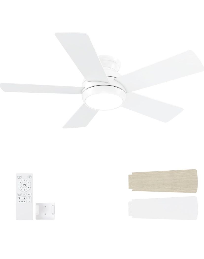 42 Inch White Ceiling Fans with Lights and Remote, LED Low Profile Flush Mount Ceiling Fan for Bedroom, Living Room, Patio, Quiet DC Motor, 5 Blades
