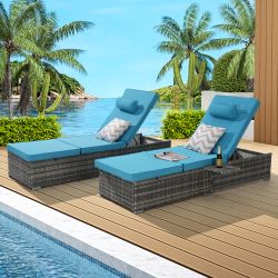 Outdoor Chaise Lounge Chair Set of 2 with Storage Patio Pool Chairs Tanning Lounges for Outside,Beach Rattan Recliners with Adjustable Backrest, Table