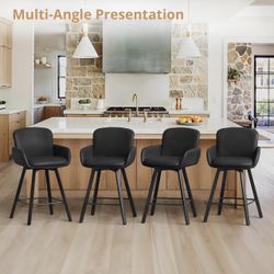 Set Of 4 Black Leather Barstools Swivel 26” Counter Helge
