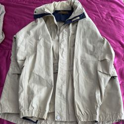 Timberland Size L Raincoat W Zippered Pockets, Hood, Velcro, Fasteners.   Like New Condition.  Beautiful Navy Accents