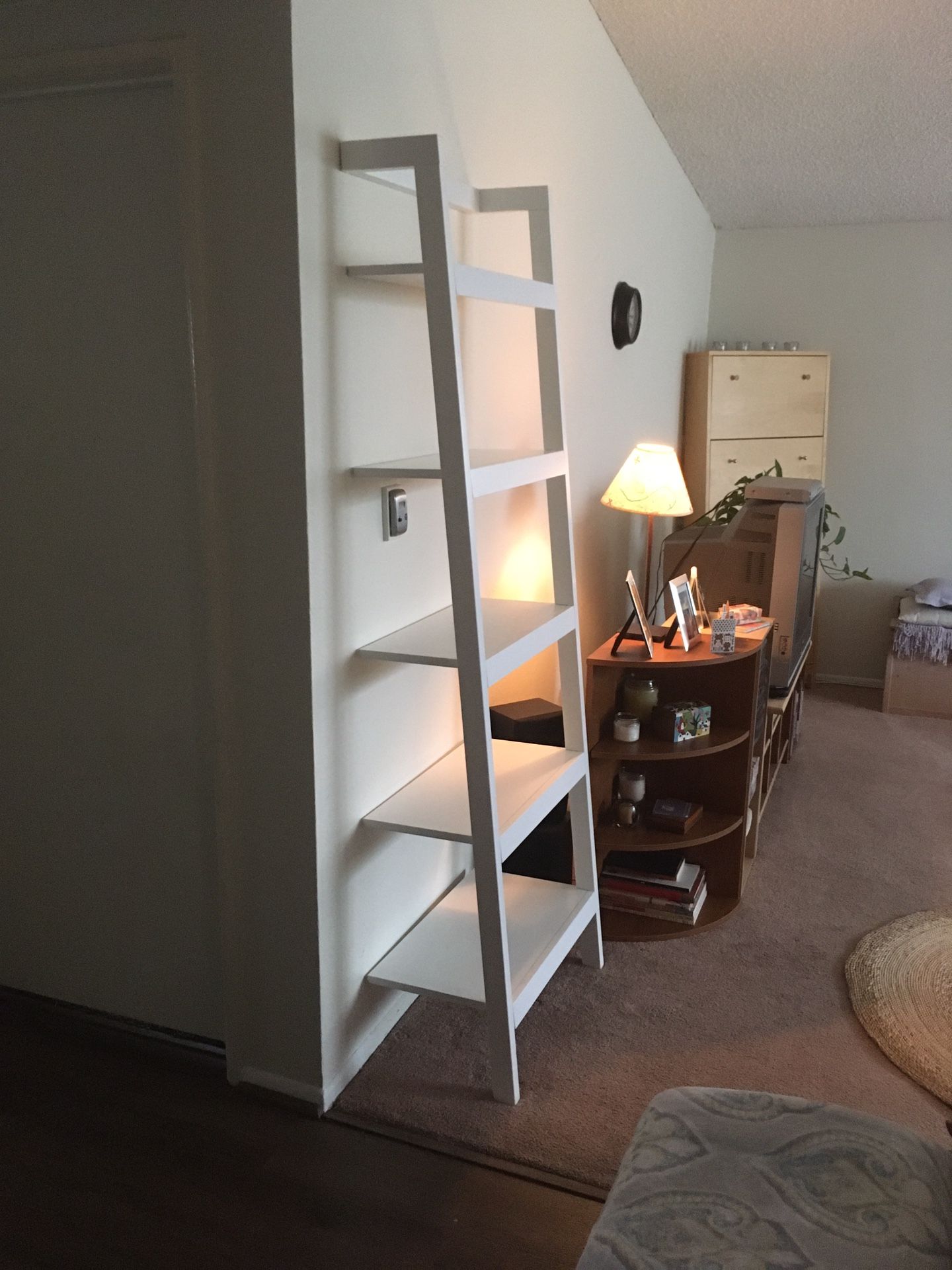 Crate & Barrel White 5 shelf  Leaning Shelving Unit 76” h