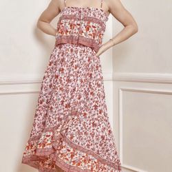 Lulus Brand New Womens Light Pink Multi Print Ruffled Maxi Dress Size XS