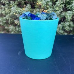 Ceramic Planter Pot In Teal Color With Soil & Decorative Glass - Used In Great Condition 