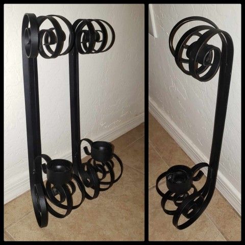 X2 VINTAGE VICTORIAN GOTHIC GOTH BLACK METAL CANDLESTICK CANDLE HOLDER WALL SCONCE DECOR SET