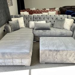 Grey Velvet Living Room Sectional - Delivery And Financing Available 