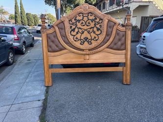 Ornate Wood Upholstered Bed Frame & Nightstands Set w Marble Tops and Accents