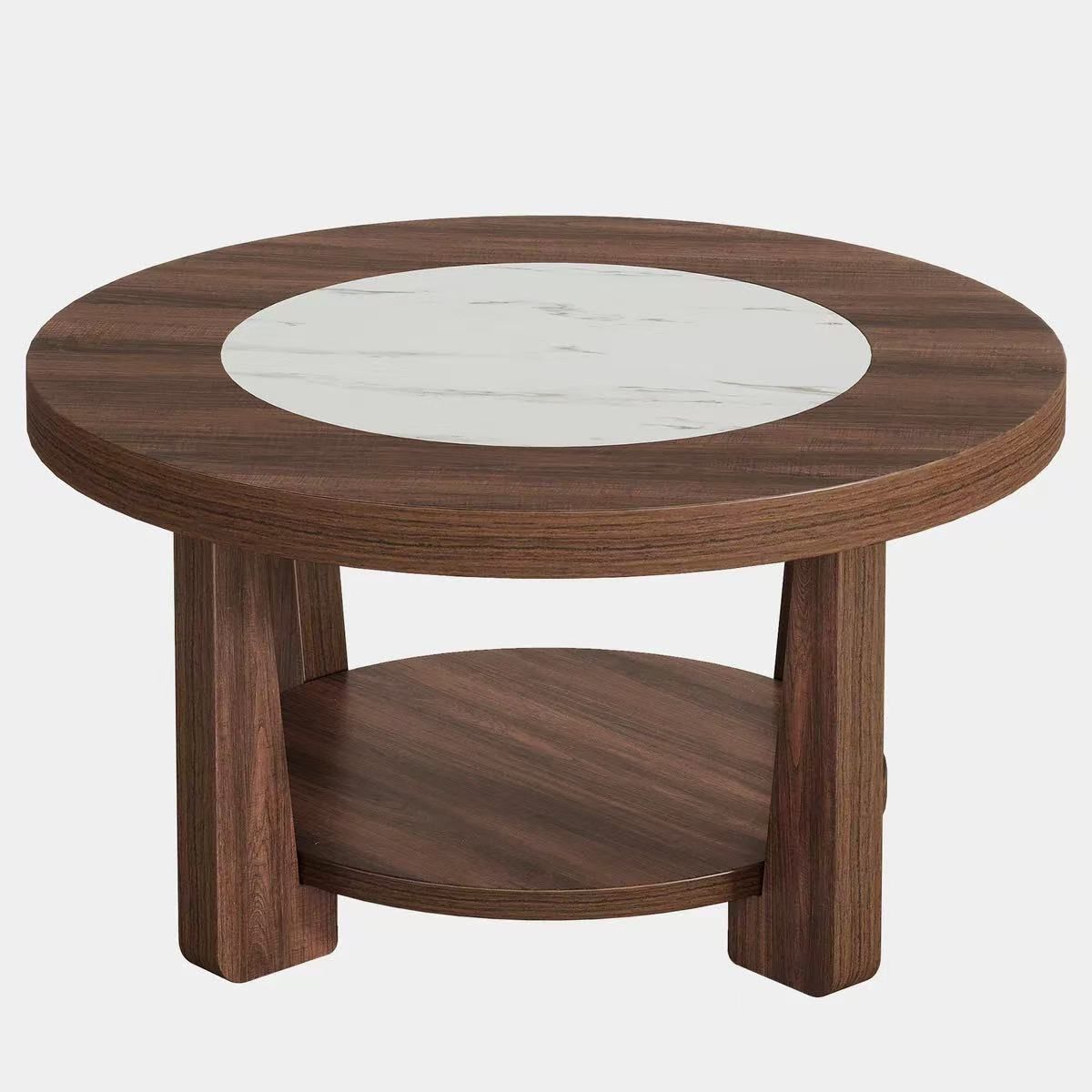 Coffee Table, 2-Tier Round Coffee Table with Heavy-Duty Wood Tabletop for Living Room, Industrial Circle Wood Accent Center Table with Storage, Brown