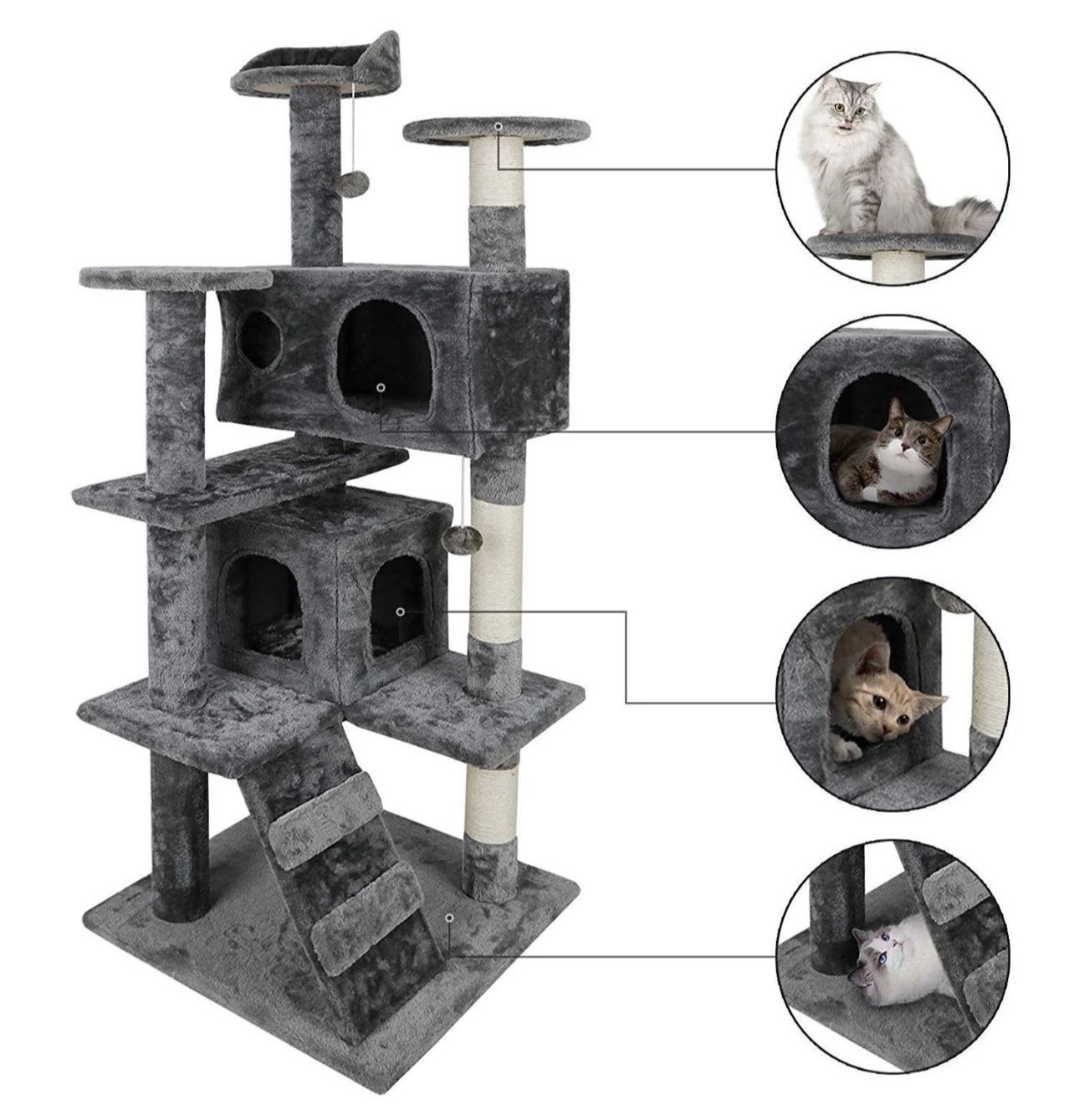 ZENY™ 53‘‘ Cat Tree with Sisal-Covered Scratching Posts and 2 Plush Rooms Cat Furniture for Kittens