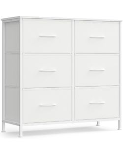 Dresser for Bedroom, Tall Dresser with 6 Fabric Drawers Chest of Drawers with Steel Frame, for Closet & Entryway, Cloud White and Snow White, BELLAH C