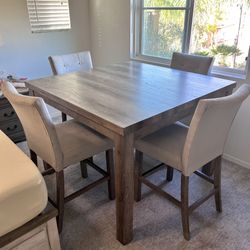Solid Wood Dining Table + 4 Upholstered Chairs – Rustic Style