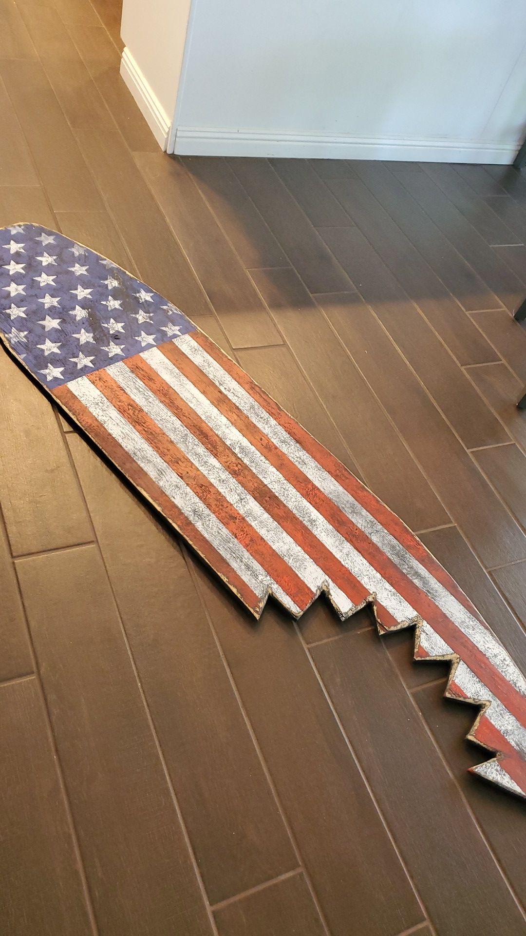 Patriotic plywood surfboard