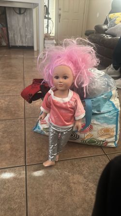 My Life As Hairstylist Posable 18-inch Doll, Pink Hair W /Blue orange blue dark pink Highlights