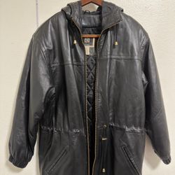 Black Leather Hooded Jacket – Quilted Lined – Medium 