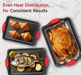 3‑Piece Nonstick Cookie Sheets – Carbon Steel Baking Sheet Set with Non Stick Coating & Red Silicone Handles – Oven Pans for Family Baking