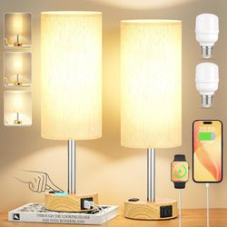 Touch Bedside Table Lamps Set - 3 Way Dimmable Bedroom Lamps Set of 2 with USB C and A Ports, Small Lamps for Nightstand with AC Outlet, Wood Base Rou