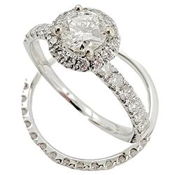 14K White Gold Halo Wedding Band Set.