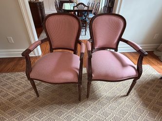 Pair of Classic French Louis XVI Style Ethan Allen Armchairs Classic French Louis XVI style wood and upholstery Different upholstery on the back 24w x