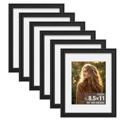 8.5x11 Picture Frame Set of 6, Wall or Tabletop, Black Woodgrain Display 6x8 with Mat or 8.5x11 Without Mat, Horizontal or Vertical, Gallery Wall Fram