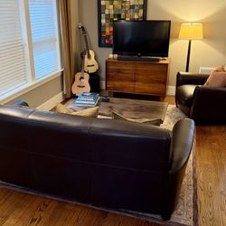 Dark Brown Leather Sofa + Matching Chair – Stylish, Priced to Sell