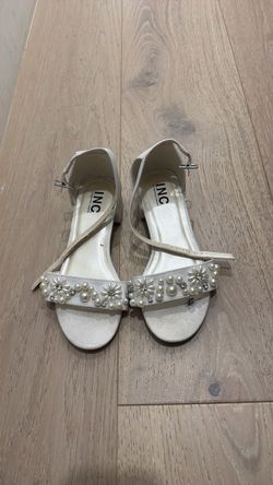 INC White Pearl Embellished Block Heel Sandals