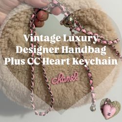 French Designer Luxury Vintage Plush Handbag Tan & Pink With Bonus C. C. Heart Keychain Included - All Silver Hardware (SEE DESCRIPTION)!!!