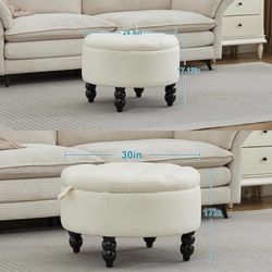 24 Inch Round Ottoman with Storage, Tufted Linen Storage Bench for Bedroom, Living Room & Entryway, Modern Upholstered Coffee Table with Wooden Black 